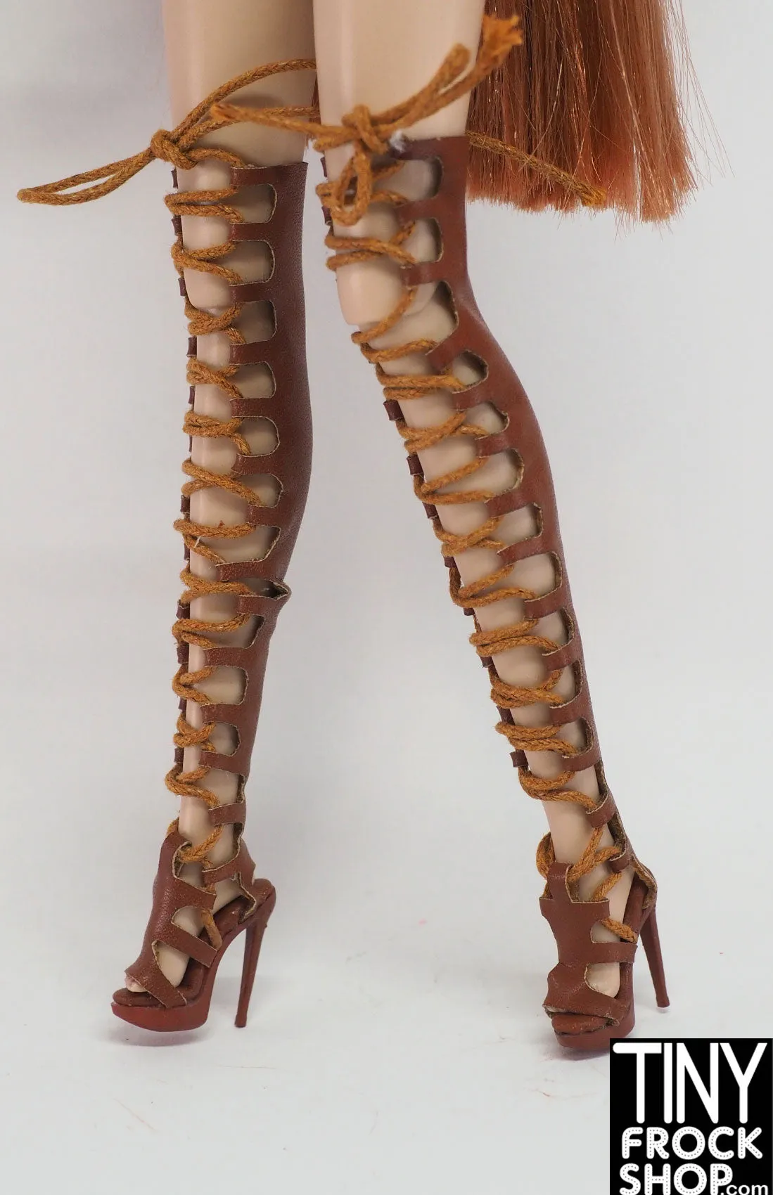 12" Fashion Doll Lace Front Brown Heel Boots by The Janchor