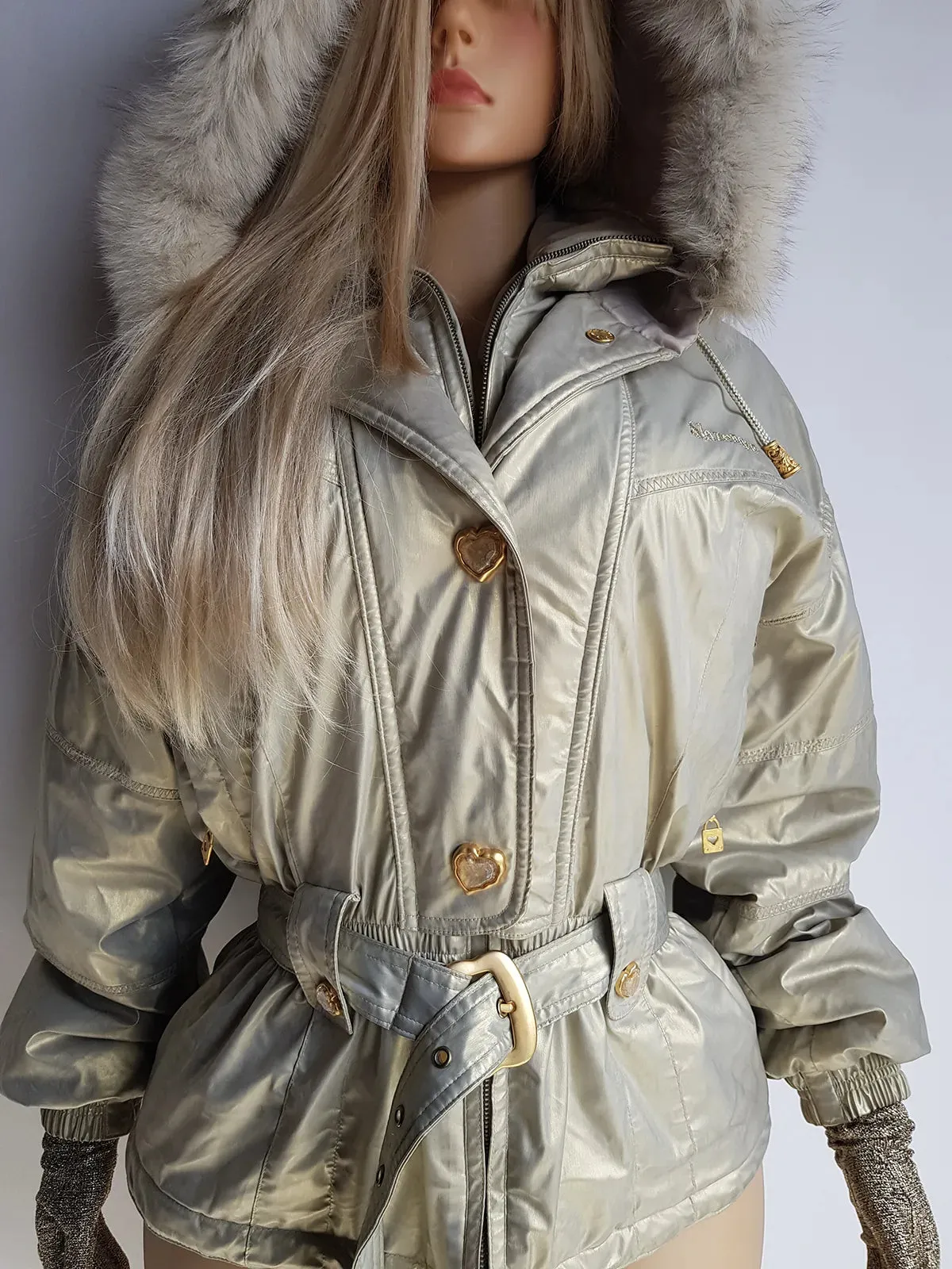 1990s Iconic Gold Slazenger Iridescent Fur Hood Puffer Ski Style Jacket - Tailored Hourglass with Belt - Insane Gold Hearts Hard ware  - Literally the Perfect Shape - Fully Lined