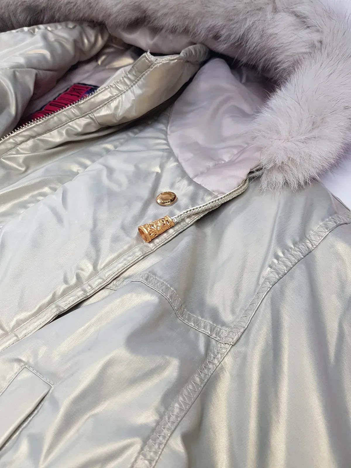 1990s Iconic Gold Slazenger Iridescent Fur Hood Puffer Ski Style Jacket - Tailored Hourglass with Belt - Insane Gold Hearts Hard ware  - Literally the Perfect Shape - Fully Lined