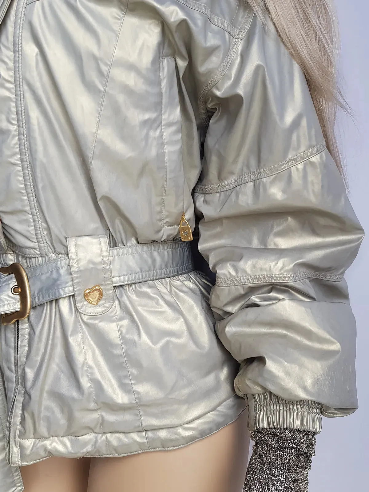 1990s Iconic Gold Slazenger Iridescent Fur Hood Puffer Ski Style Jacket - Tailored Hourglass with Belt - Insane Gold Hearts Hard ware  - Literally the Perfect Shape - Fully Lined