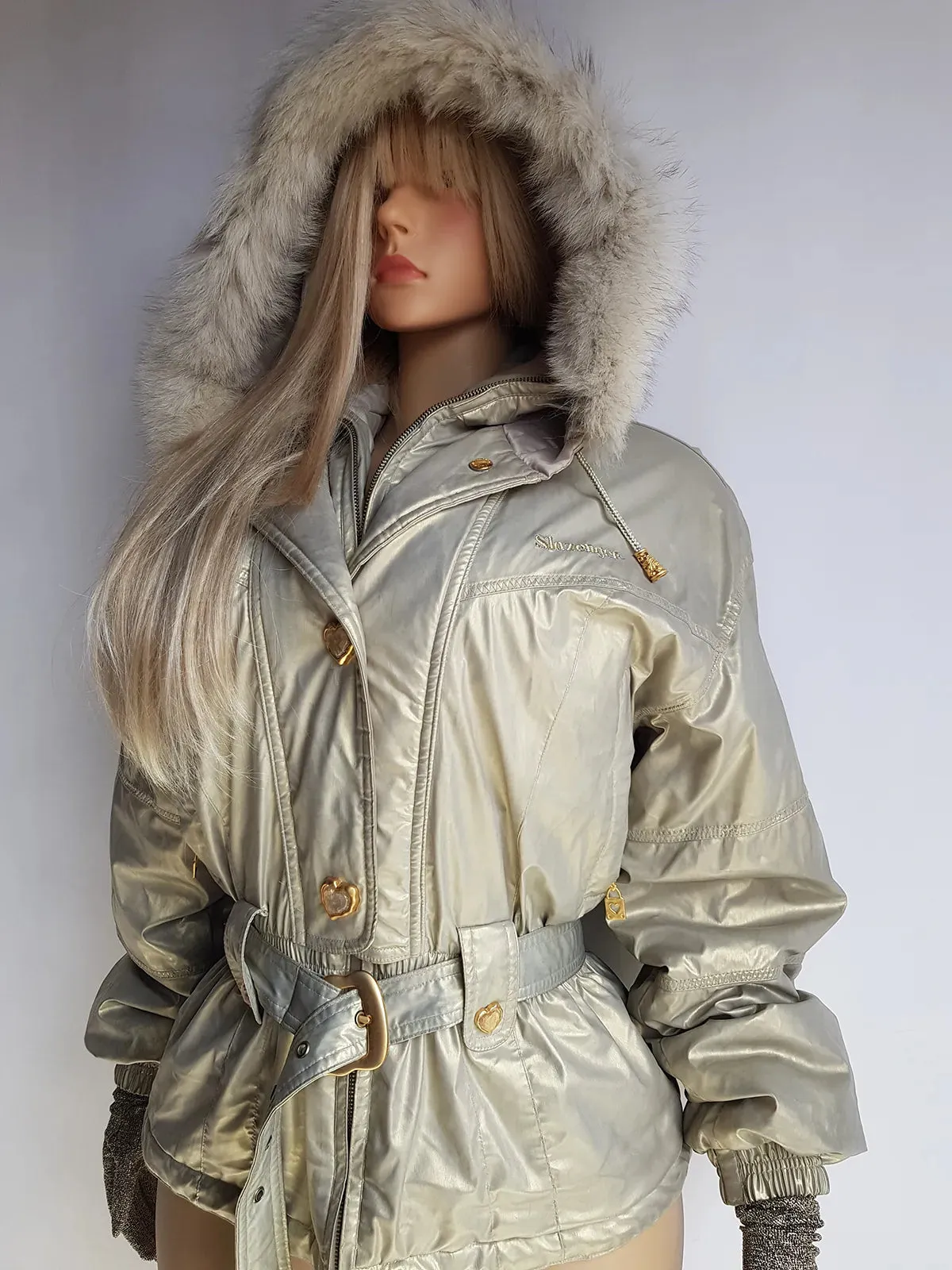 1990s Iconic Gold Slazenger Iridescent Fur Hood Puffer Ski Style Jacket - Tailored Hourglass with Belt - Insane Gold Hearts Hard ware  - Literally the Perfect Shape - Fully Lined