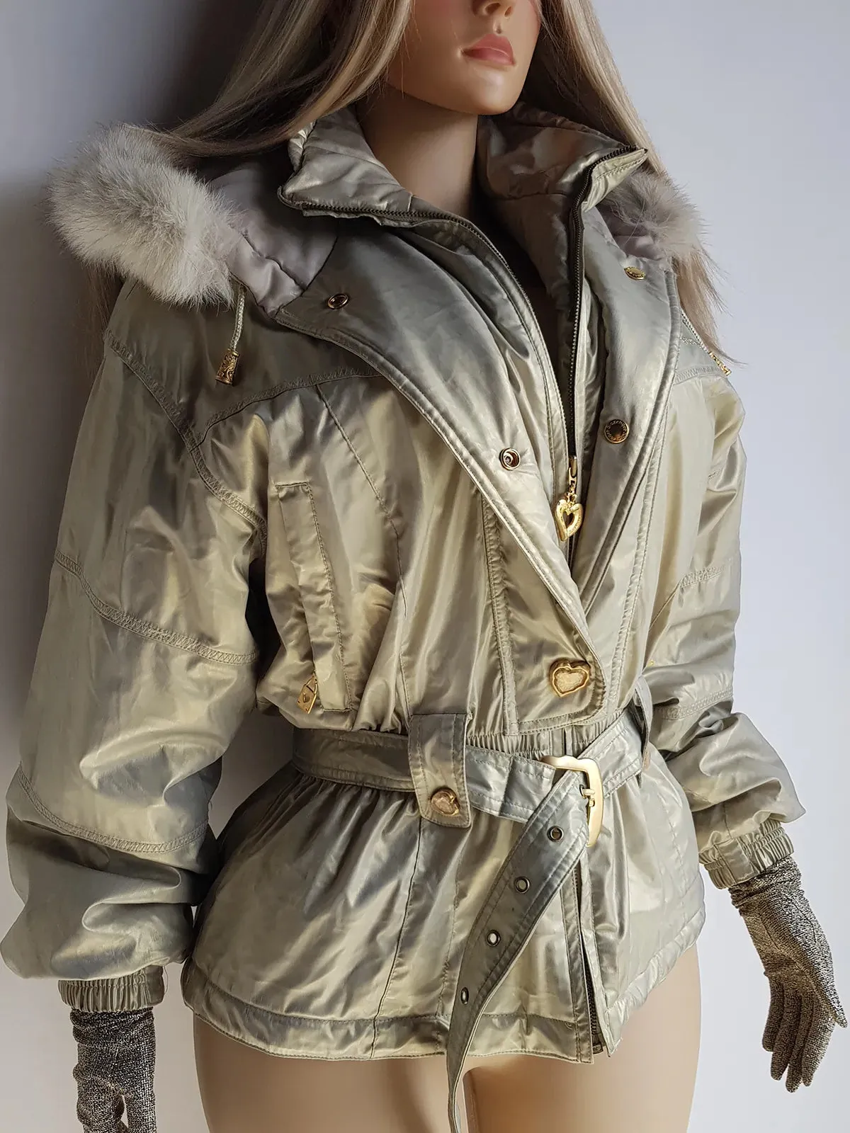 1990s Iconic Gold Slazenger Iridescent Fur Hood Puffer Ski Style Jacket - Tailored Hourglass with Belt - Insane Gold Hearts Hard ware  - Literally the Perfect Shape - Fully Lined