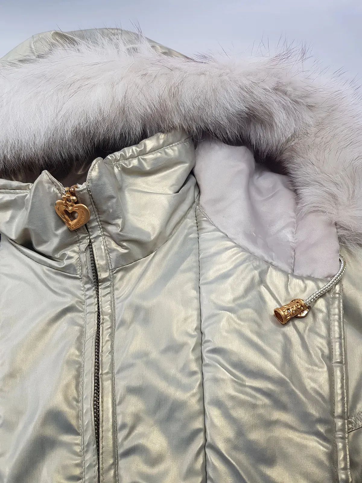 1990s Iconic Gold Slazenger Iridescent Fur Hood Puffer Ski Style Jacket - Tailored Hourglass with Belt - Insane Gold Hearts Hard ware  - Literally the Perfect Shape - Fully Lined