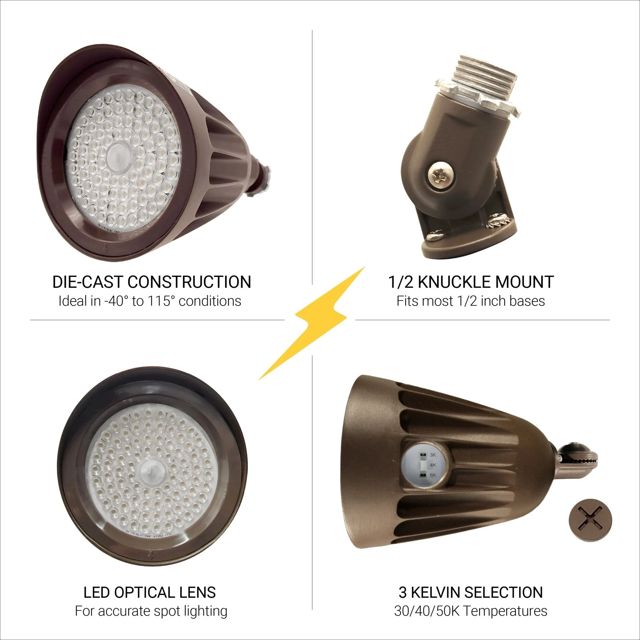 25W Bronze Bullet Light LED Outdoor Spotlights Waterproof Landscape Lights - 3CCT 3000K-5000K - 3500LM - Knuckle Mount