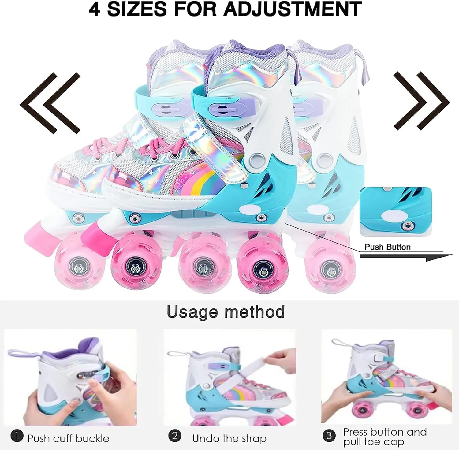 Adjustable Kids Roller Skates S Size 31-34 Pink