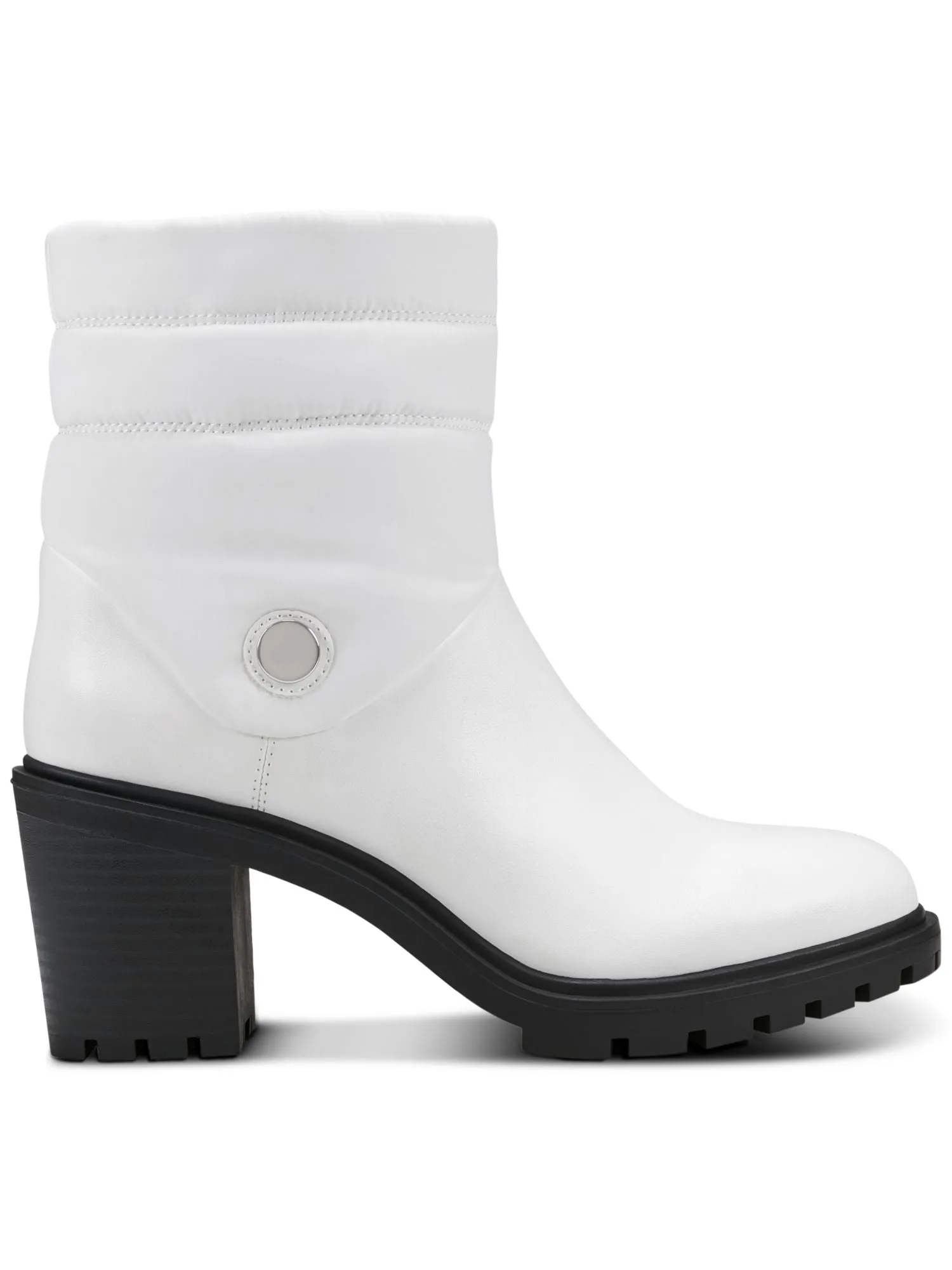 ALFANI Womens White Mixed Media Puffer Quilted Detailing Lug Sole Padded Belcalise Almond Toe Block Heel Zip-Up Booties M