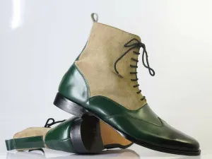 Bespoke Beige Green Wing Tip Lace Up Boots for Men