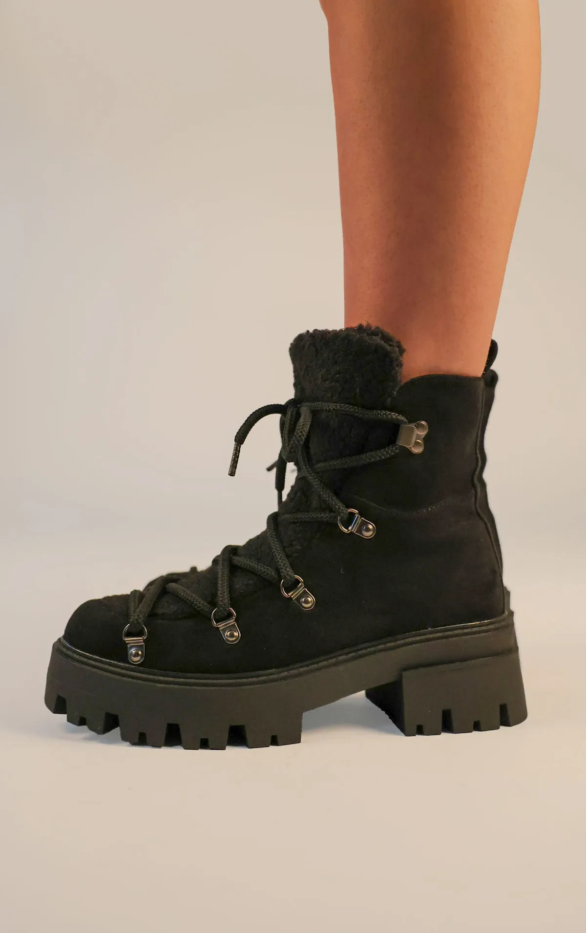 Black Faux Suede Lace Up Chunky Snow Style Boots