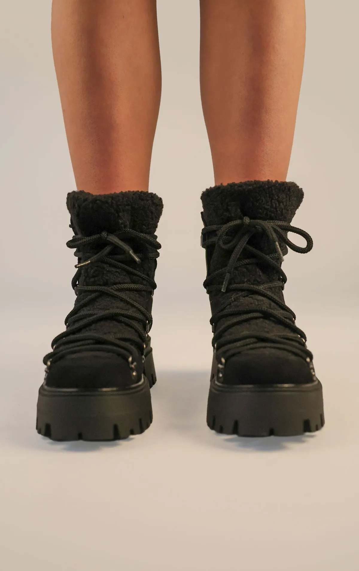 Black Faux Suede Lace Up Chunky Snow Style Boots