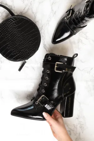 Black Patent Buckle Pointed Boots - Canyon