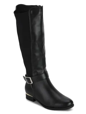 Black PU Buckle Detail Long Boots