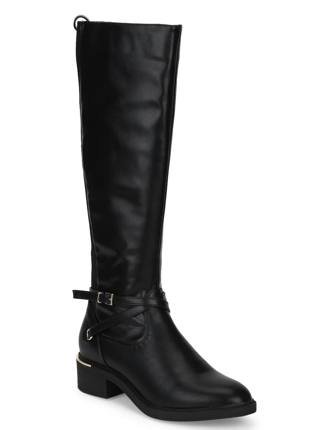 Black PU Side Buckle Zip Up Riding Knee Boots