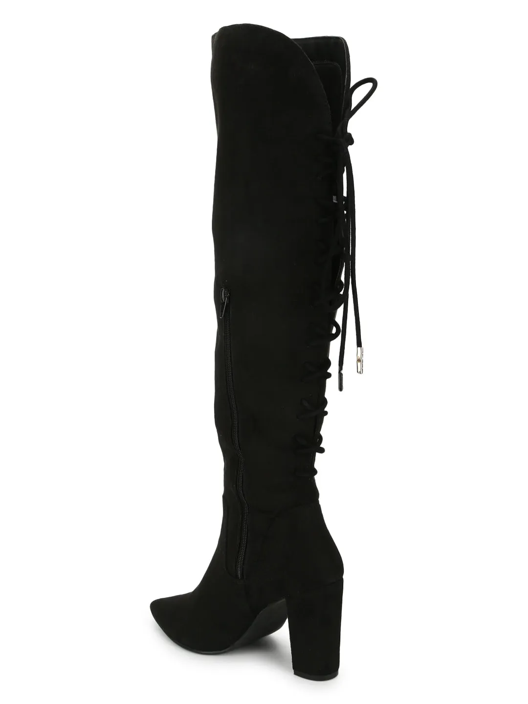 Black Suede Knee High Lace Up Boots