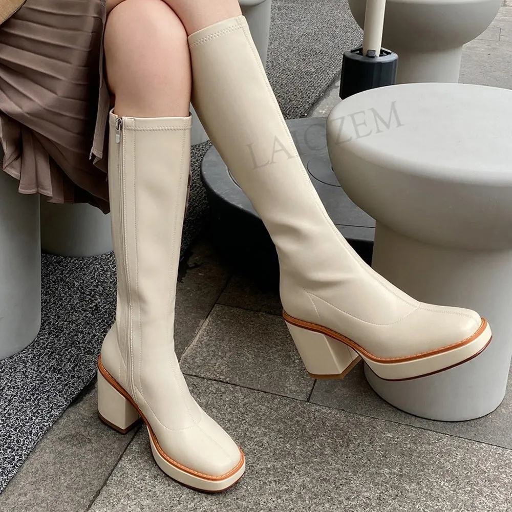 Block Heels Boots Stretchy Zip