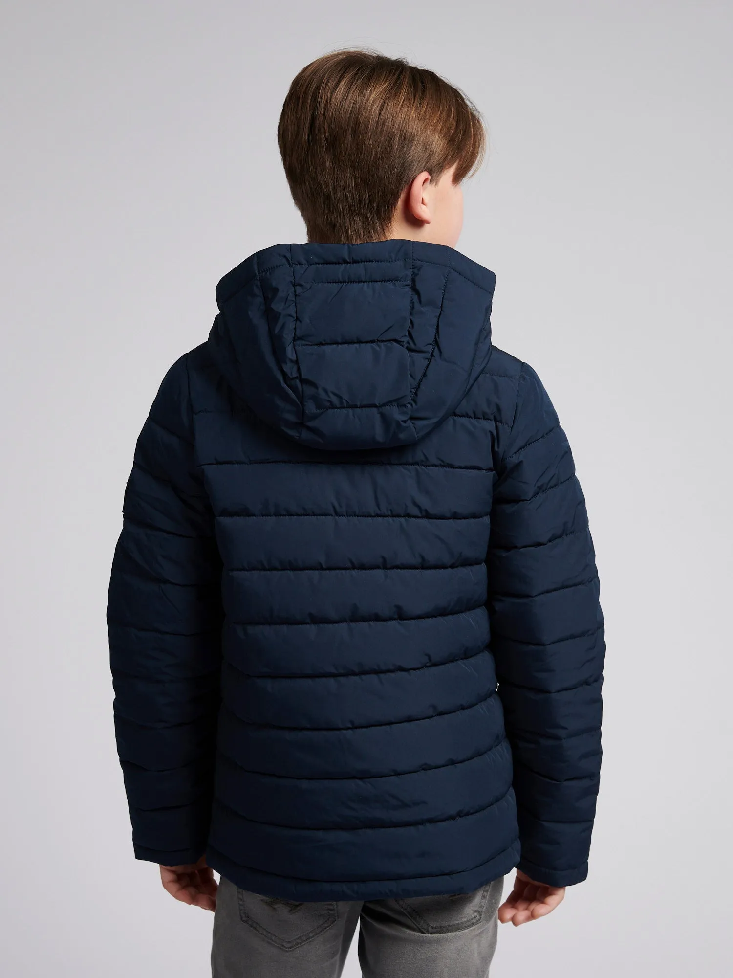 Boys Lightweight Quilt Hooded Puffer Jacket in Dark Sapphire Navy / Haute Red DHM