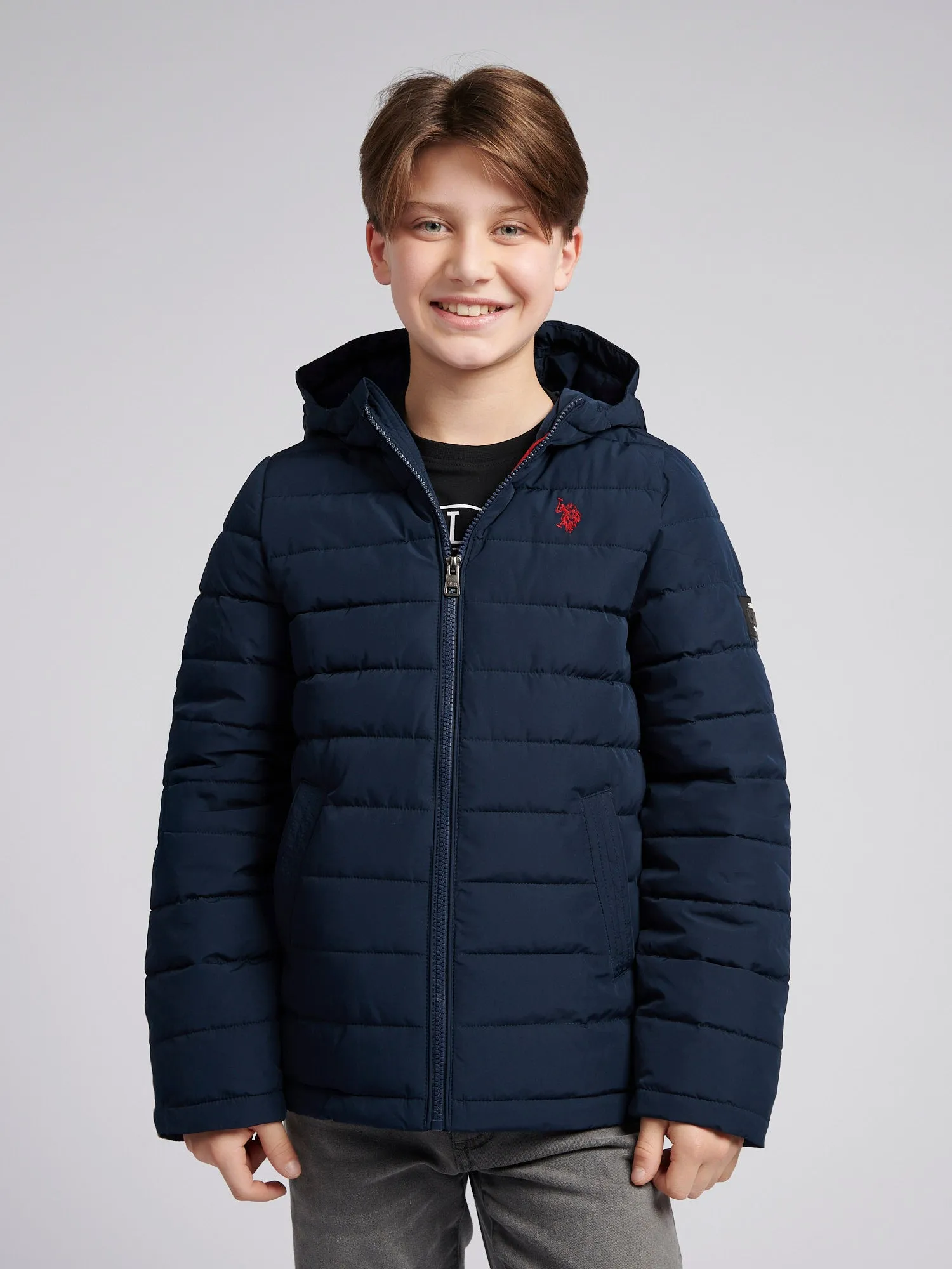 Boys Lightweight Quilt Hooded Puffer Jacket in Dark Sapphire Navy / Haute Red DHM