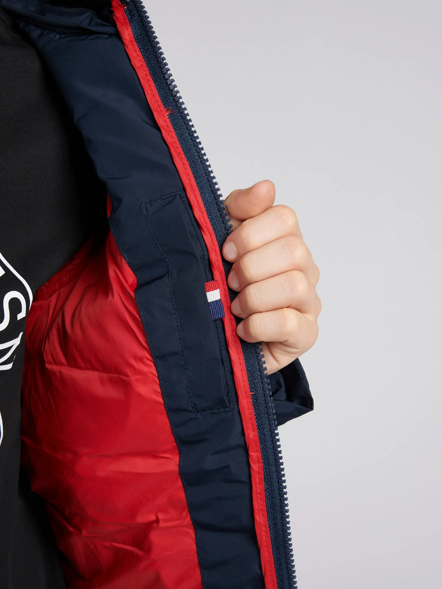 Boys Lightweight Quilt Hooded Puffer Jacket in Dark Sapphire Navy / Haute Red DHM