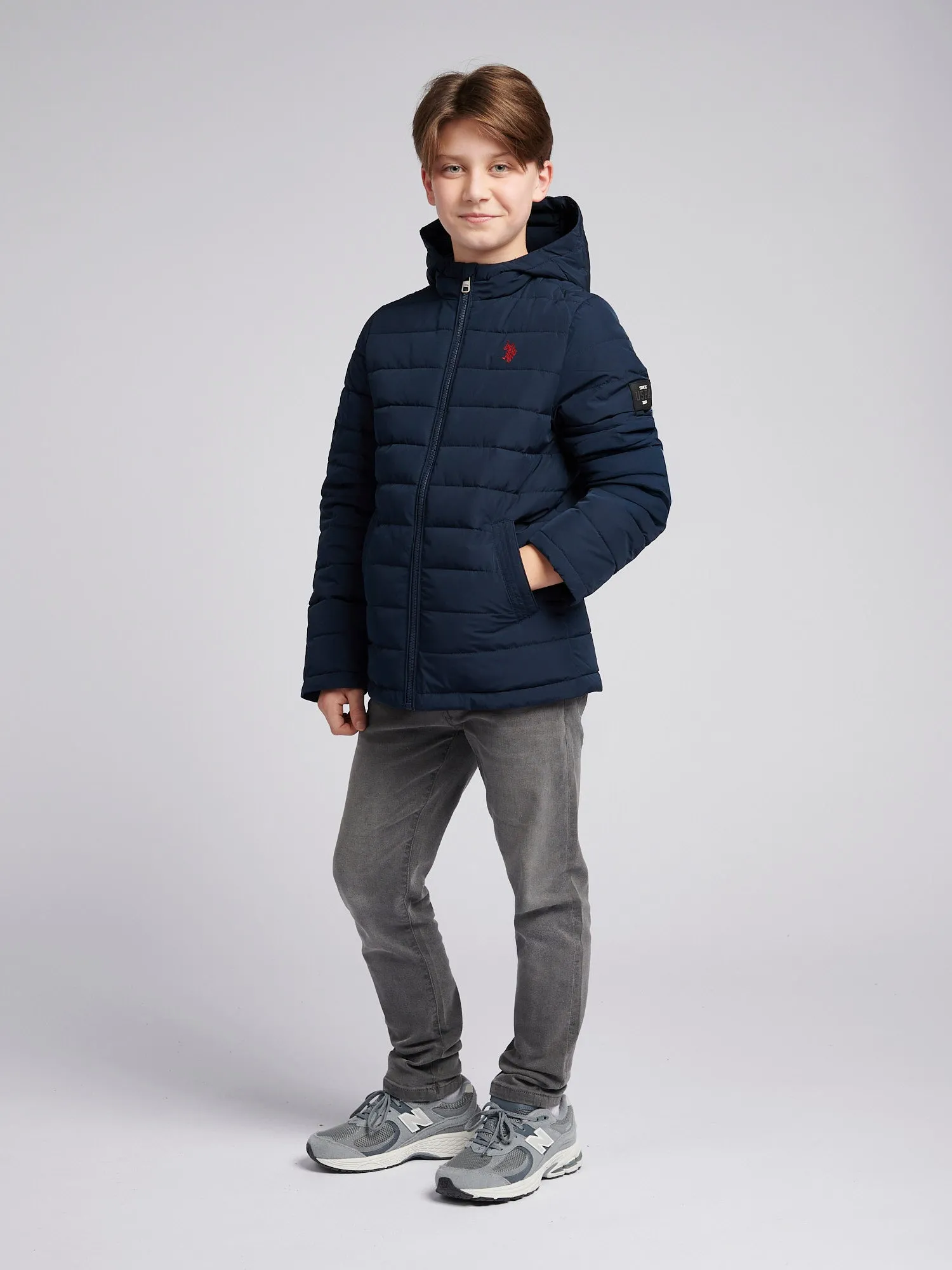 Boys Lightweight Quilt Hooded Puffer Jacket in Dark Sapphire Navy / Haute Red DHM