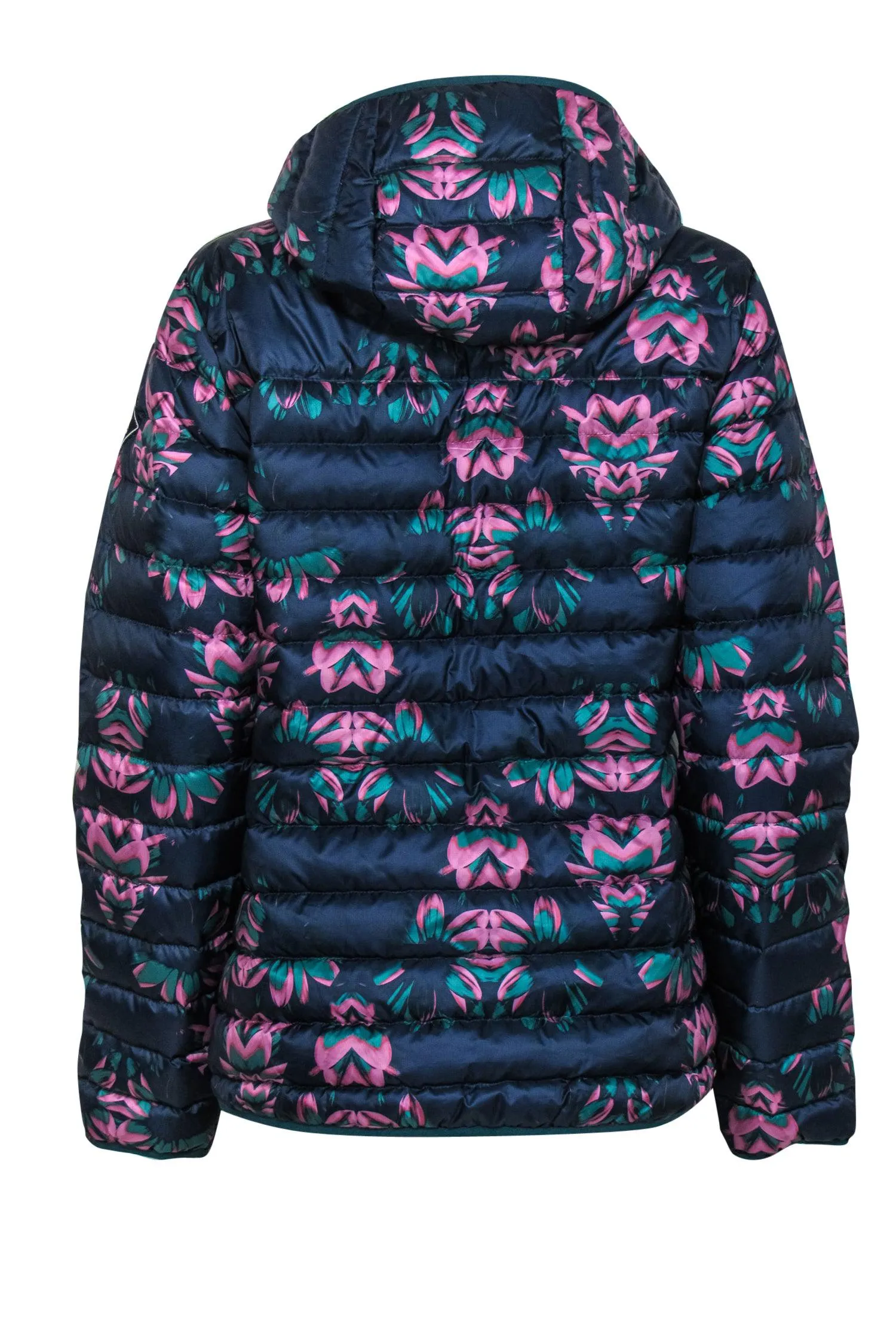 Burton - Navy, Pink & Teal Floral Print Button-Up Hooded Puffer Jacket Sz M