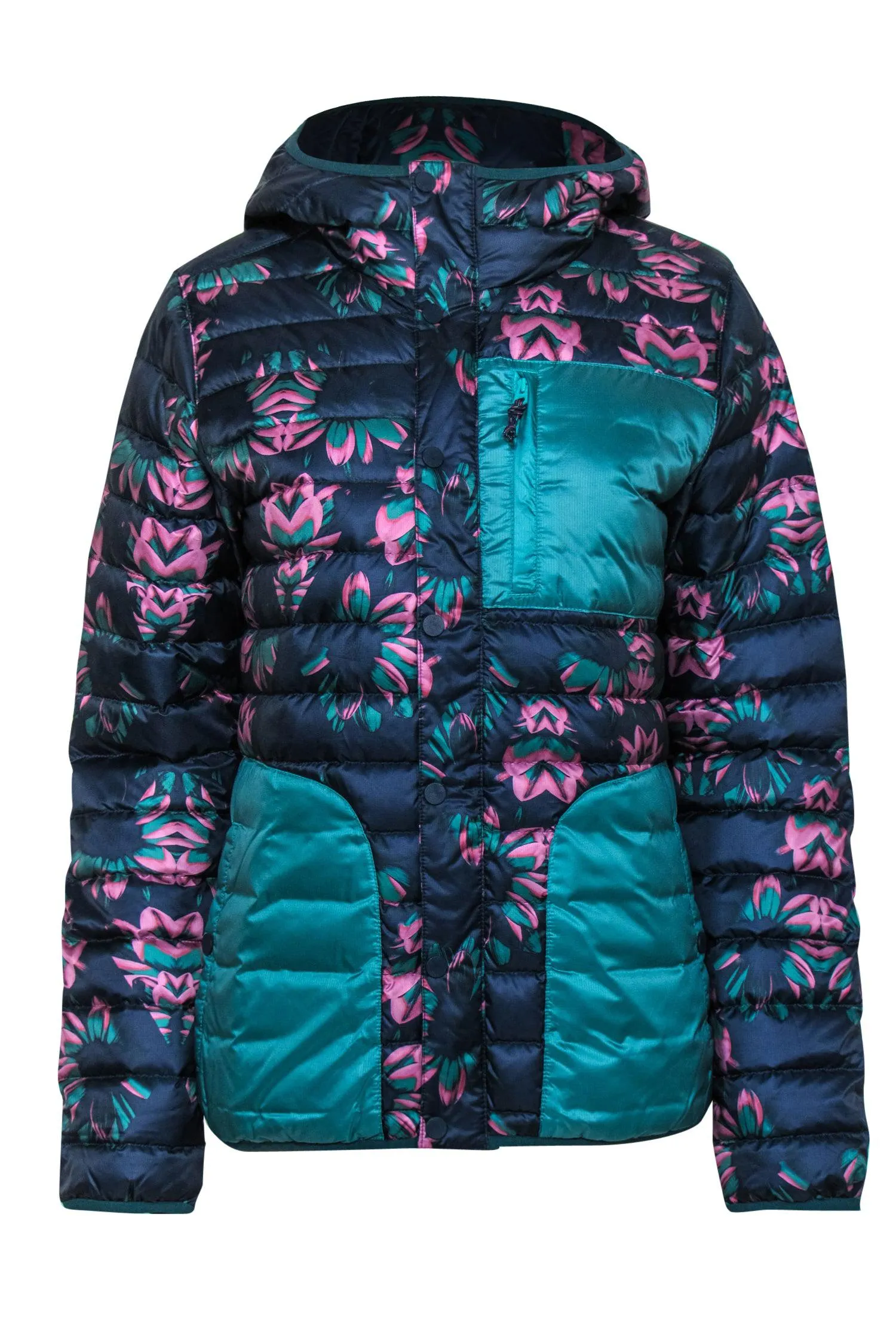 Burton - Navy, Pink & Teal Floral Print Button-Up Hooded Puffer Jacket Sz M