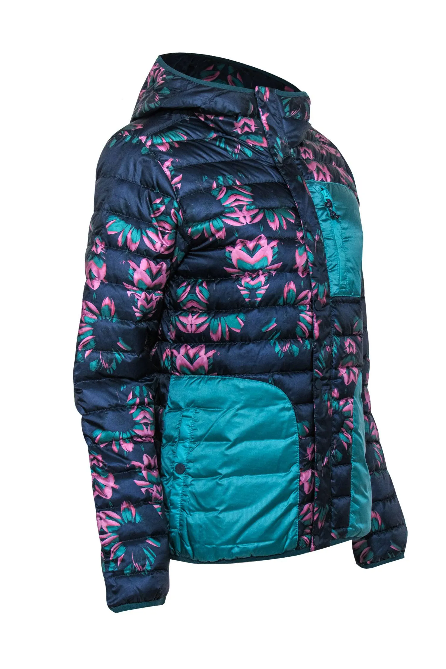 Burton - Navy, Pink & Teal Floral Print Button-Up Hooded Puffer Jacket Sz M