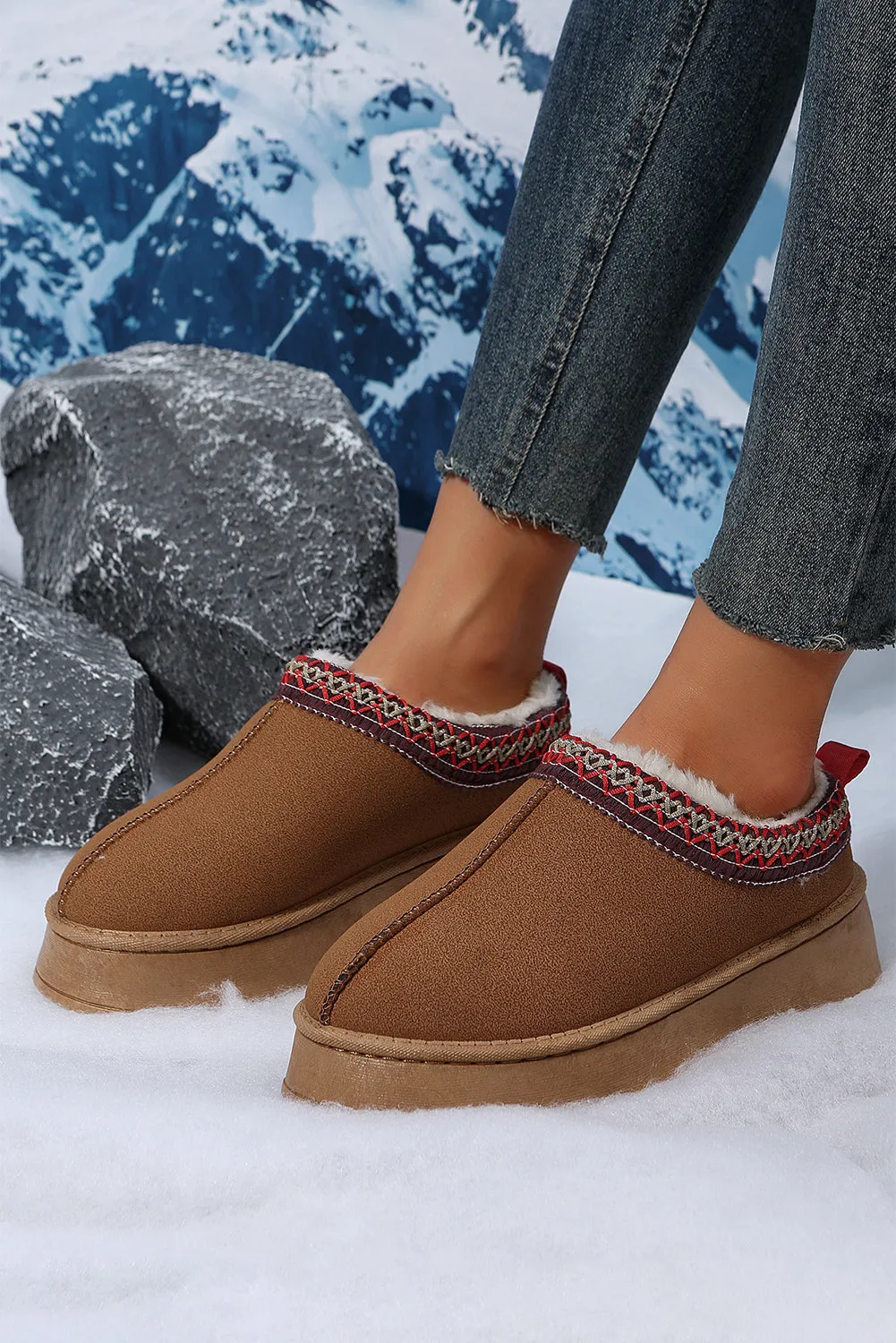 Chestnut Contrast Print Suede Plush Lined Snow Boots