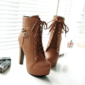 Chic Lace-Up Belt Buckle High Heel Boots