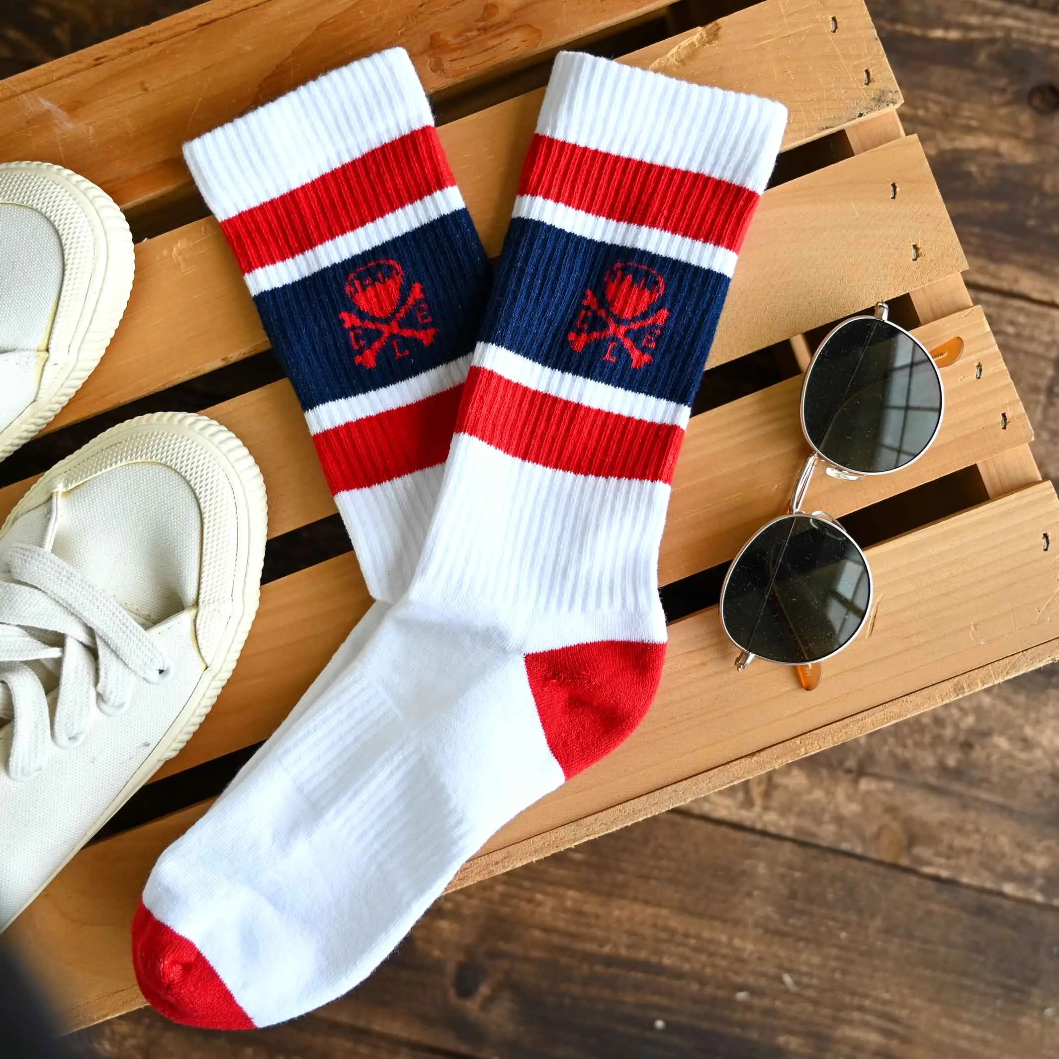 CLE Logo - Striped Crew Socks - Navy/Red