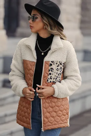 Coffee Patchwork Zipper Leopard Jacket