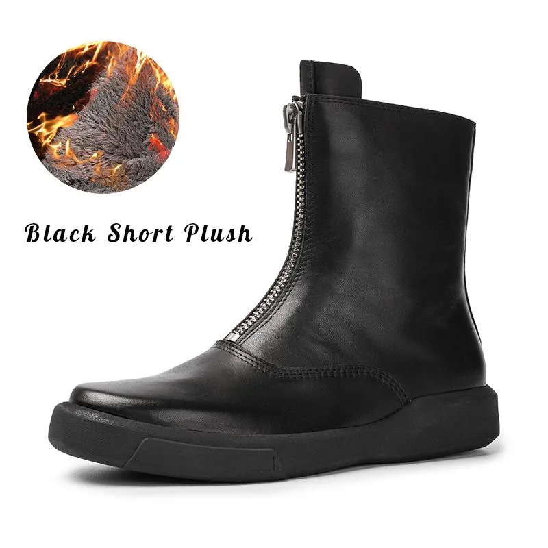 Cowhide Chelsea Boots Handmade Zip Short Boots Black/Black Short Plush