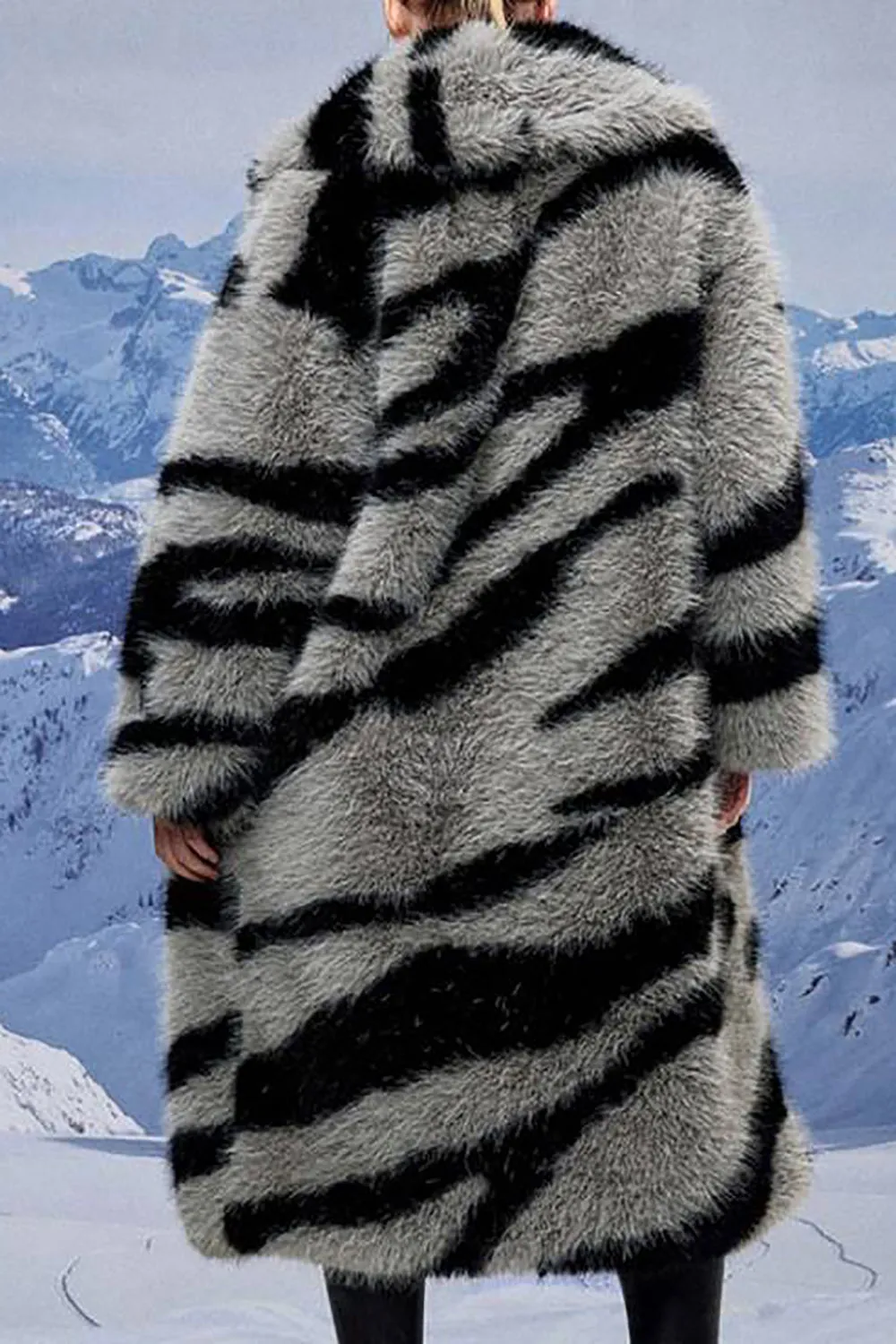 Dark Grey Zebra Pattern Imitation Oversized Long Faux Fur Shearling Coat