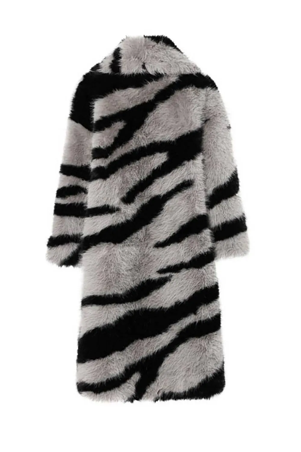 Dark Grey Zebra Pattern Imitation Oversized Long Faux Fur Shearling Coat