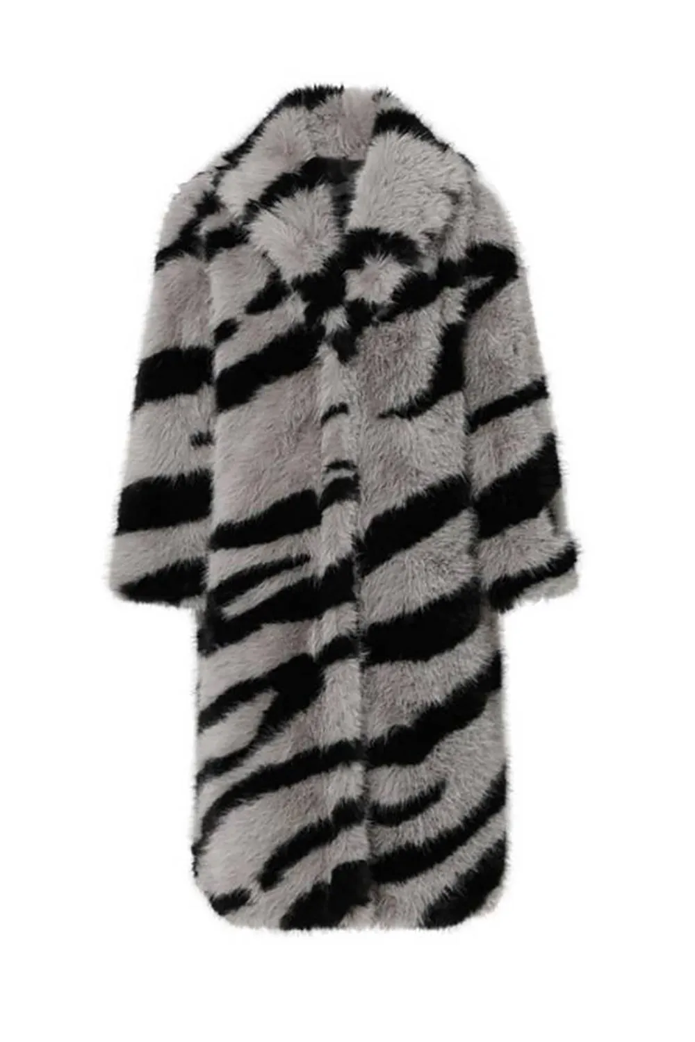 Dark Grey Zebra Pattern Imitation Oversized Long Faux Fur Shearling Coat