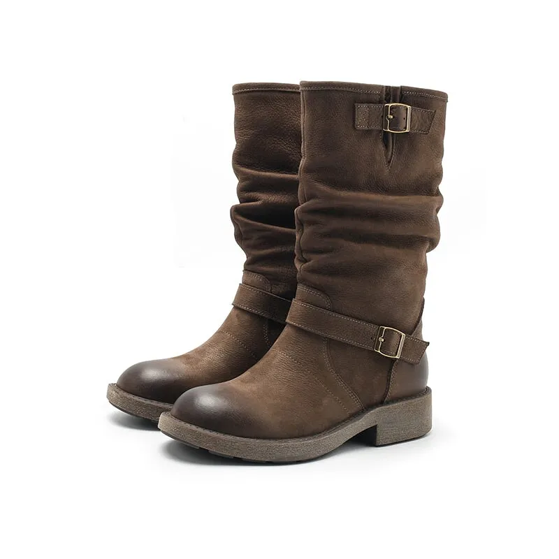 Designer Leather Mid Calf Boots Fold Design Riding Boots Buckle Detail in Brown/Black/Gray/Coffee