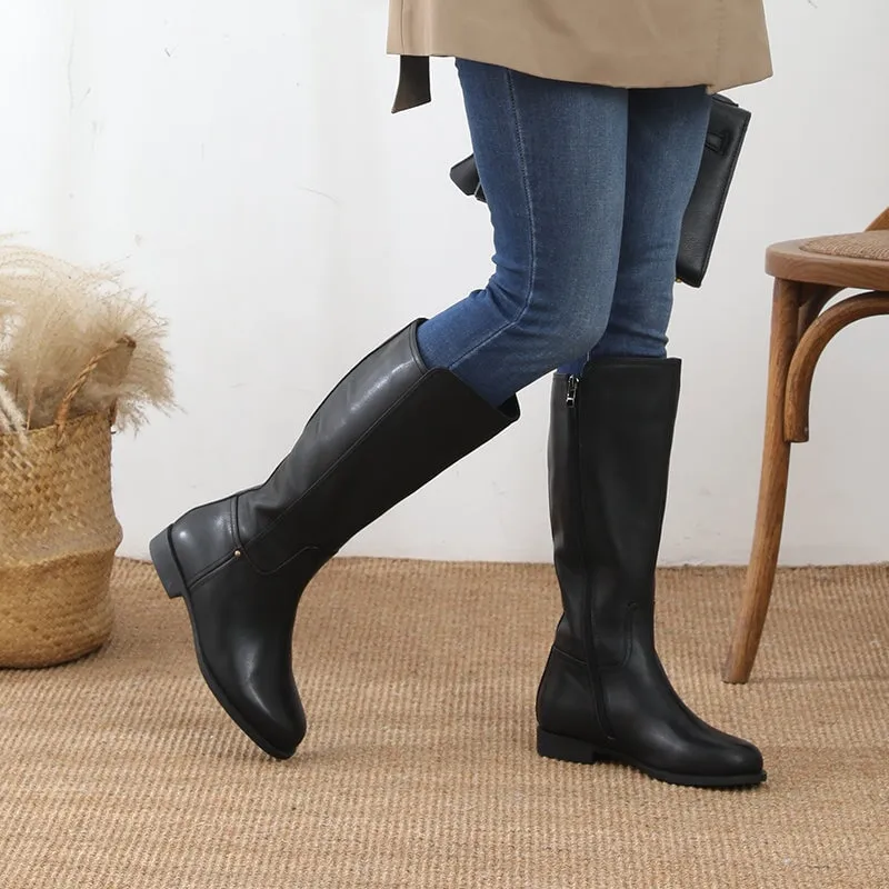 Designer Wide Fit Leather Knee High Boots Side Zip Riding Boots in Black Short Plush Lining