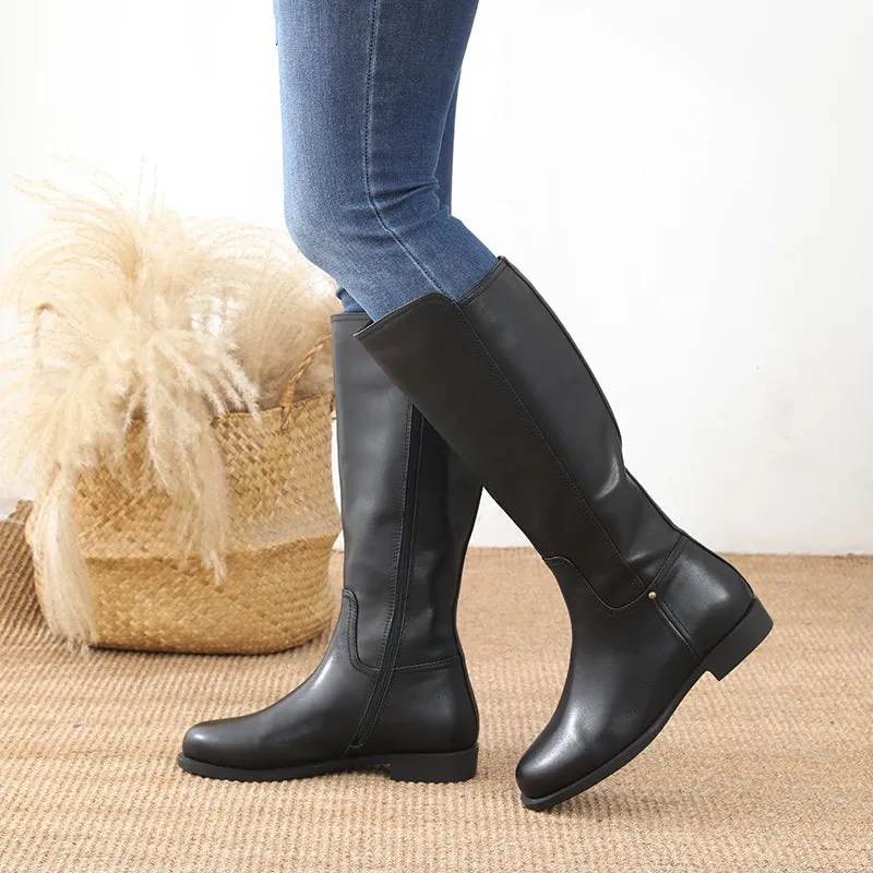 Designer Wide Fit Leather Knee High Boots Side Zip Riding Boots in Black Short Plush Lining