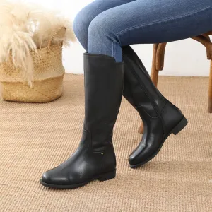 Designer Wide Fit Leather Knee High Boots Side Zip Riding Boots in Black Short Plush Lining