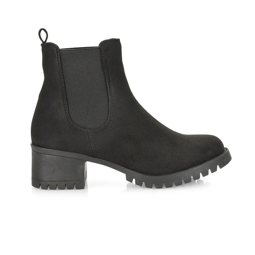 Elsie Chunky Sole Slip on Mid-Blocked Heeled Ankle Chelsea Boots in Black PU