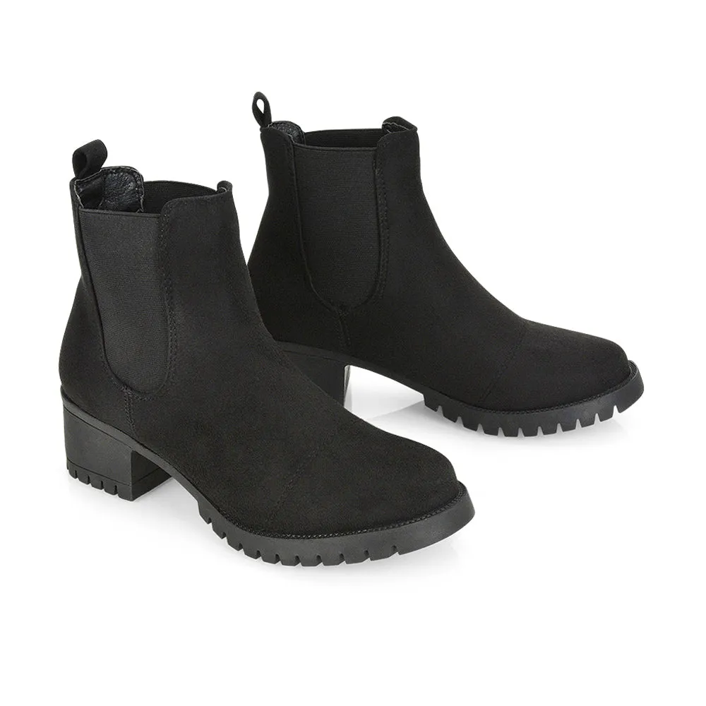 Elsie Chunky Sole Slip on Mid-Blocked Heeled Ankle Chelsea Boots in Black PU