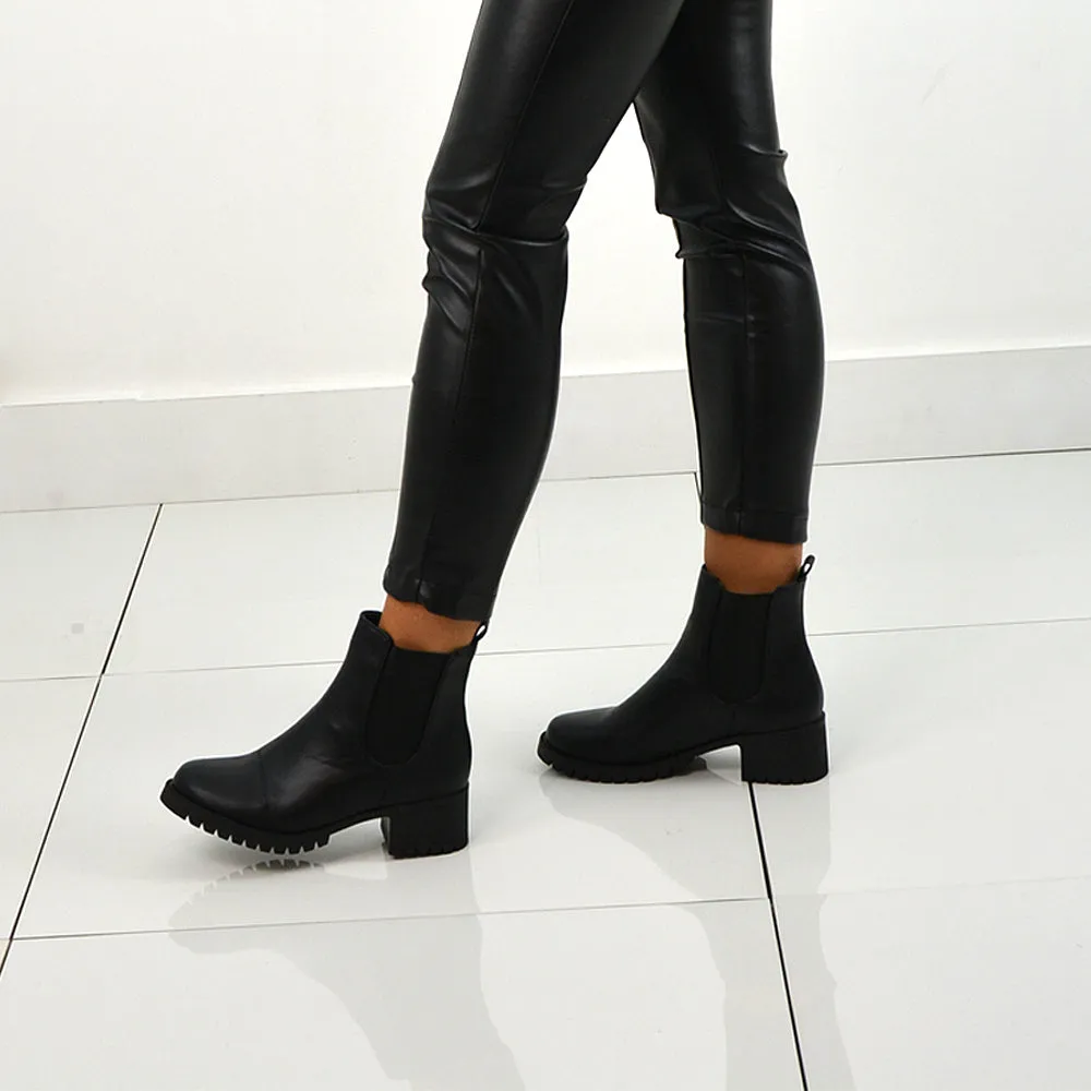 Elsie Chunky Sole Slip on Mid-Blocked Heeled Ankle Chelsea Boots in Black PU