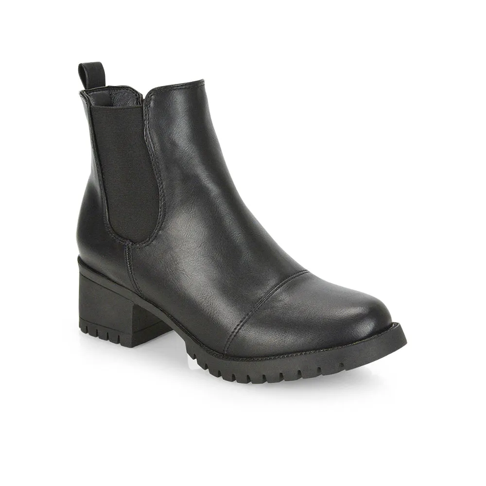 Elsie Chunky Sole Slip on Mid-Blocked Heeled Ankle Chelsea Boots in Black PU