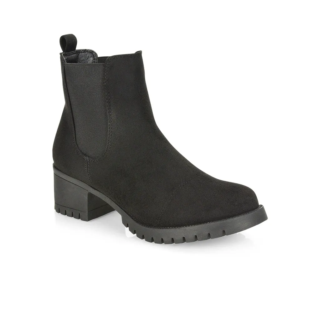 Elsie Chunky Sole Slip on Mid-Blocked Heeled Ankle Chelsea Boots in Black PU