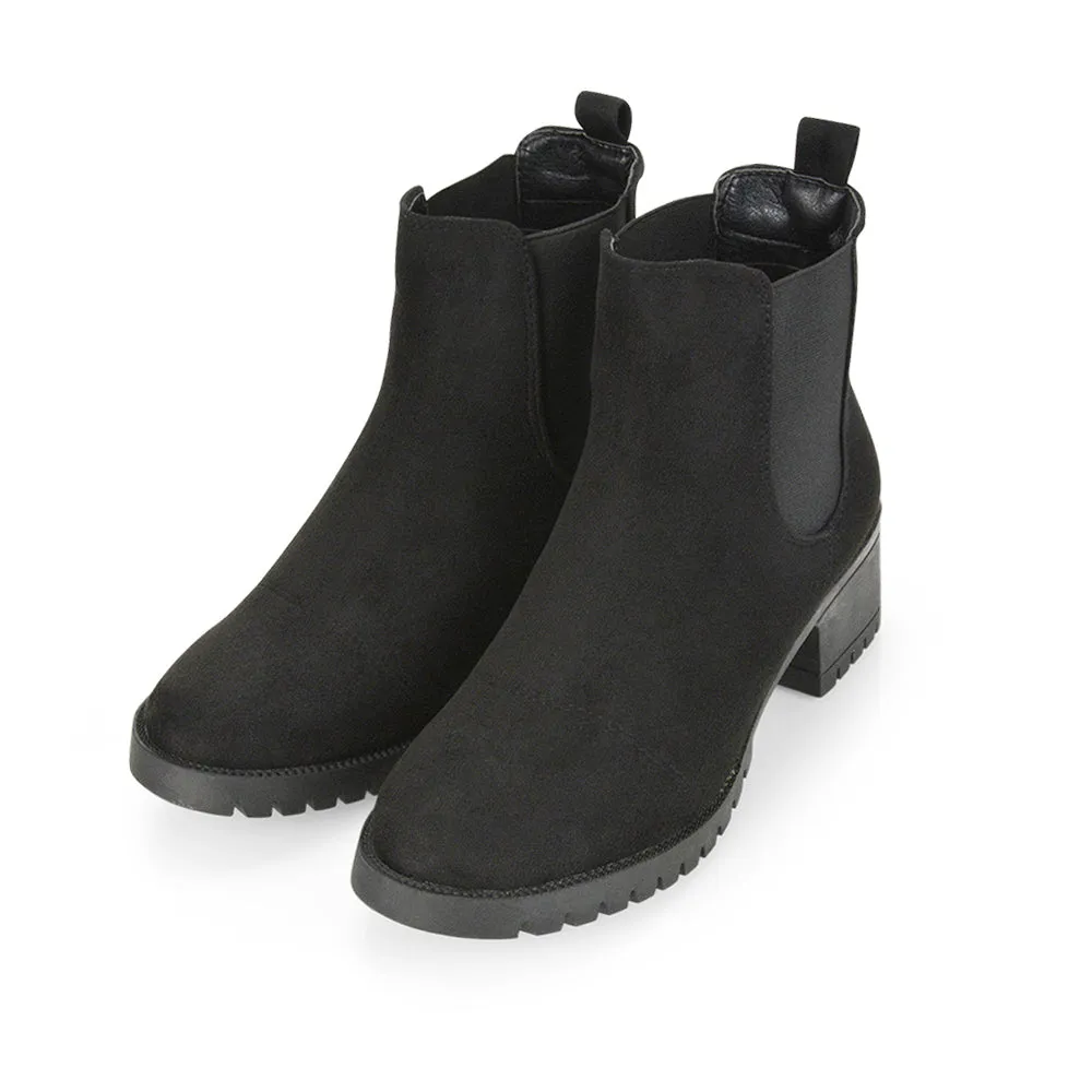 Elsie Chunky Sole Slip on Mid-Blocked Heeled Ankle Chelsea Boots in Black PU