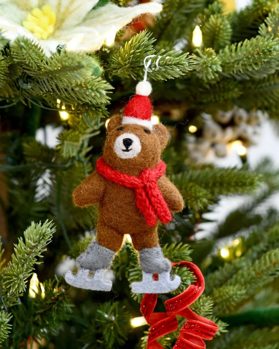 Felt Brown Bear with Ice Skates Ornament - Tara Treasures