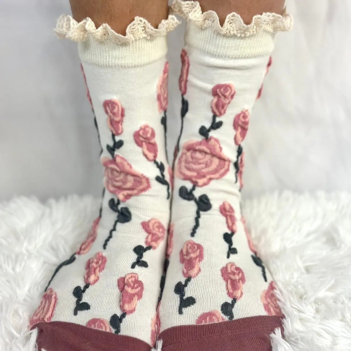 Flowers  knit lace top crew sock - ivory pink