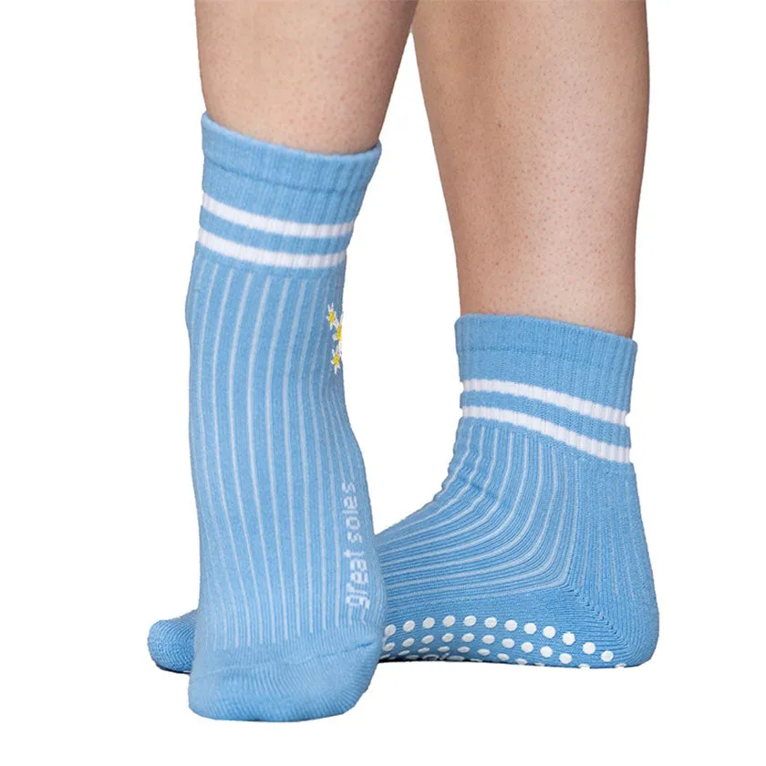 Greer Crew Grip Sock -   Blue/ Daisy Flower Embroidery