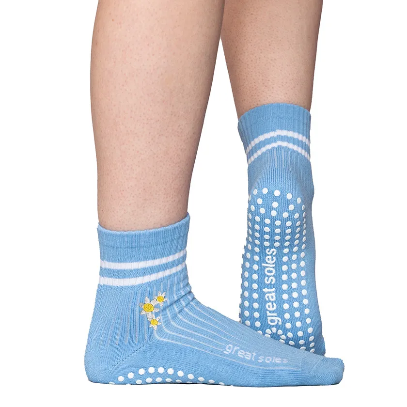 Greer Crew Grip Sock -   Blue/ Daisy Flower Embroidery