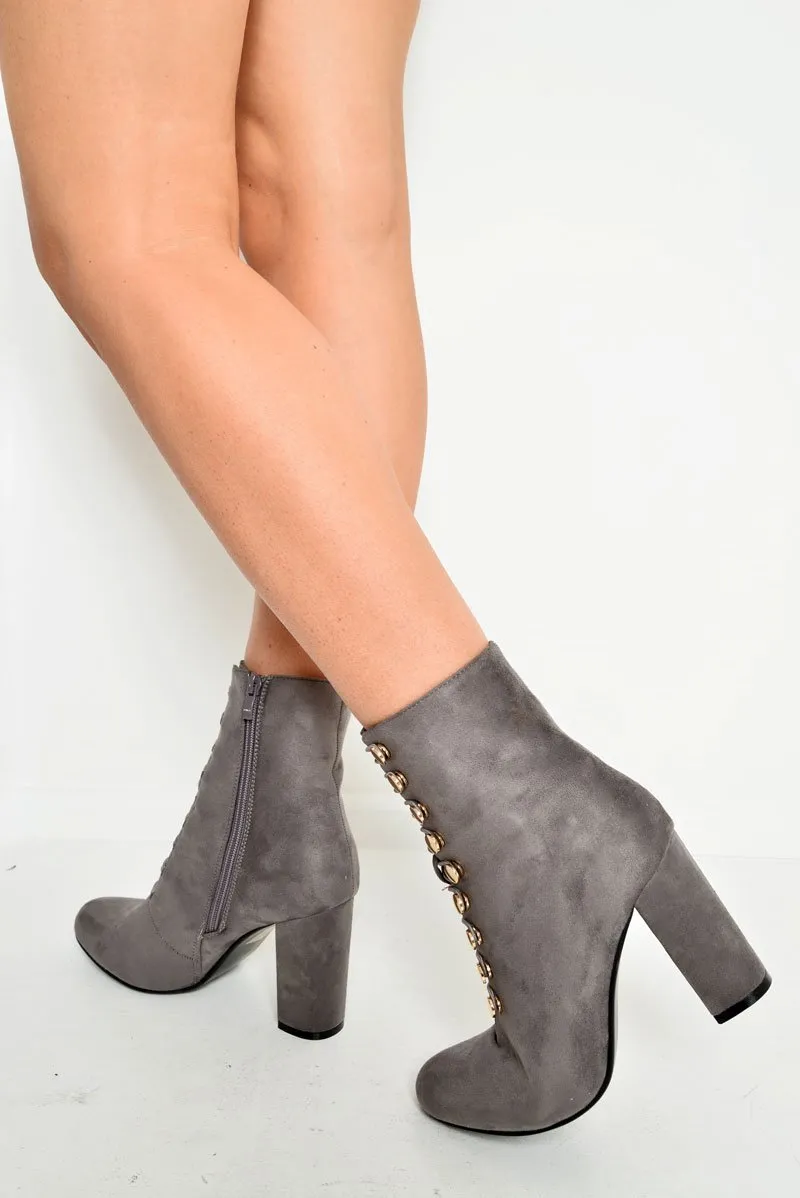 Grey Faux Suede Button Detail Ankle Boots - Hadlyn