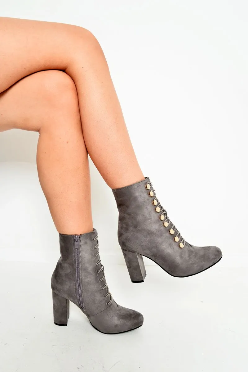 Grey Faux Suede Button Detail Ankle Boots - Hadlyn