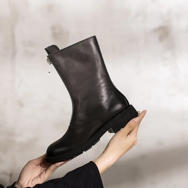 Handmade Cowhide Chelsea Boots Front Zip Short Boots in Black